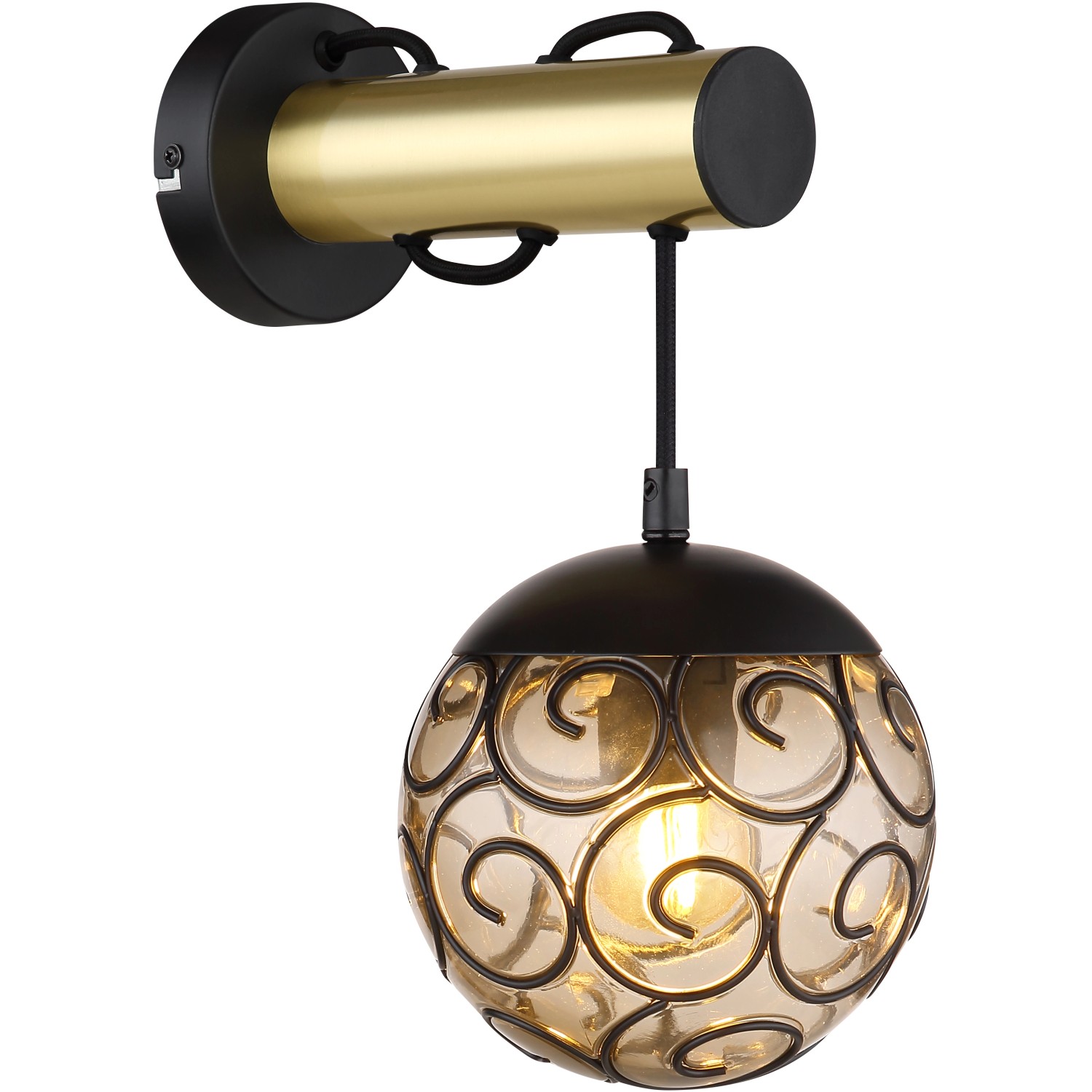 Moderne Wandlampe Fitz: Schwarz-goldene Metallhalterung mit rauchfarbenem, kugeligen Lampenschirm.