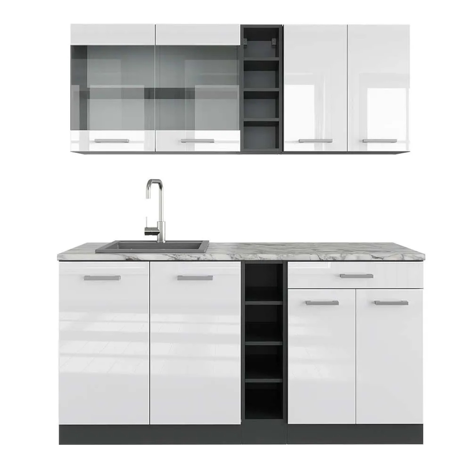 Vicco R-Line Singleküche Weiß Hochglanz Anthrazit 160 cm AP Marmor ohne E-Geräte