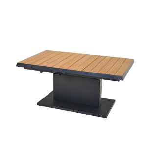 Rechteckiger Siena Garden Gartentisch Talina ausziehbar, Teakholzplatte auf schwarzem Aluminiumgestell.