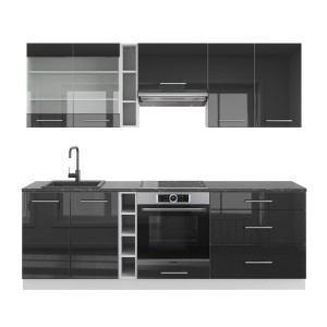 Vicco Fame-Line Küchenzeile, 235 cm, Anthrazit Hochglanz/Weiß, mit Spüle und Ofen.