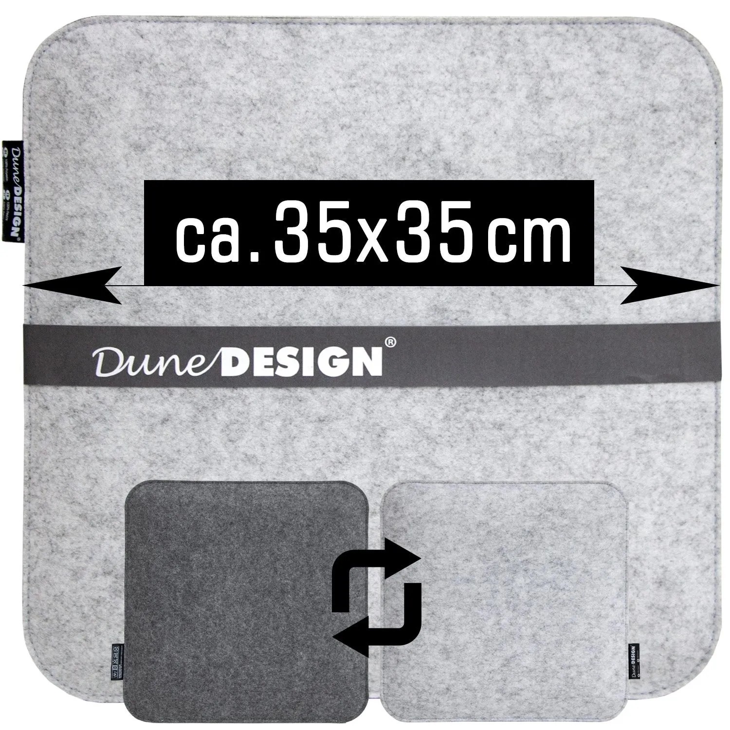 DuneDesign Filz-Sitzkissen 35x35 cm, wendbar hell-/dunkelgrau. Weiches Stuhlpolster für Garten & Haus.