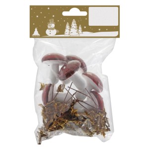 6er Set Fliegenpilze aus Styropor mit Moos für Weihnachtsdeko, im Beutel.