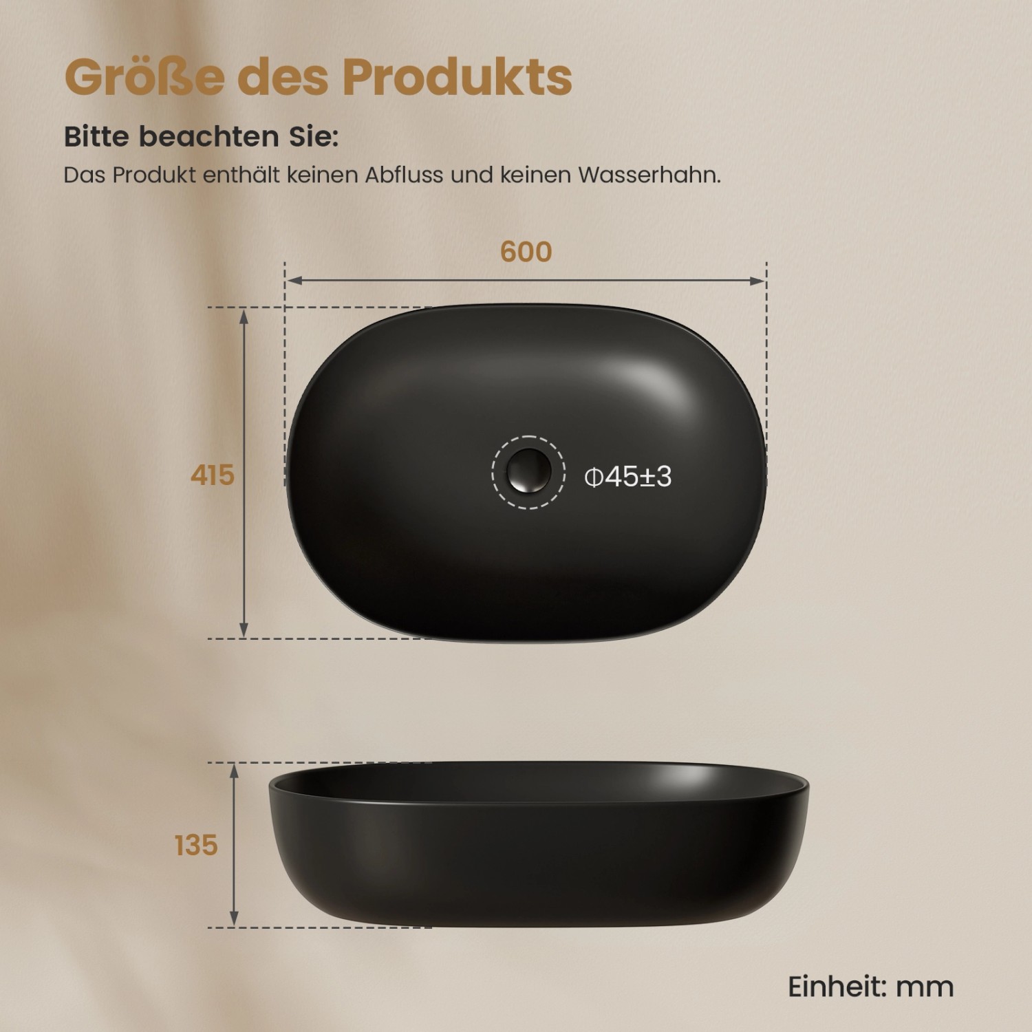 Emke Aufsatzwaschbecken, 60x41,5 cm, mattschwarz, abgerundetes Rechteck, Maße