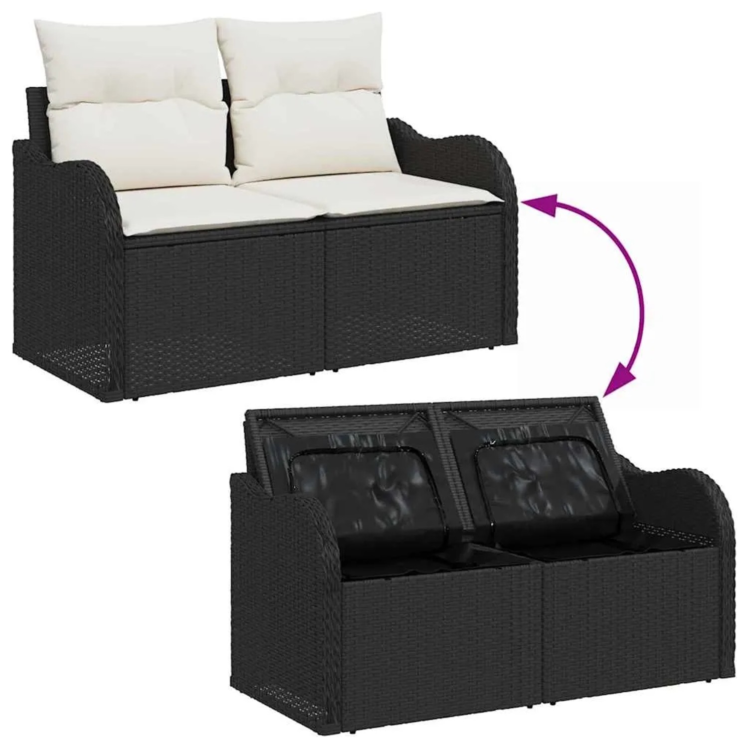 vidaXL Garten-Sofa-Set, 7-teilig, schwarz/weiß, mit Stauraum unter den Sitzen.