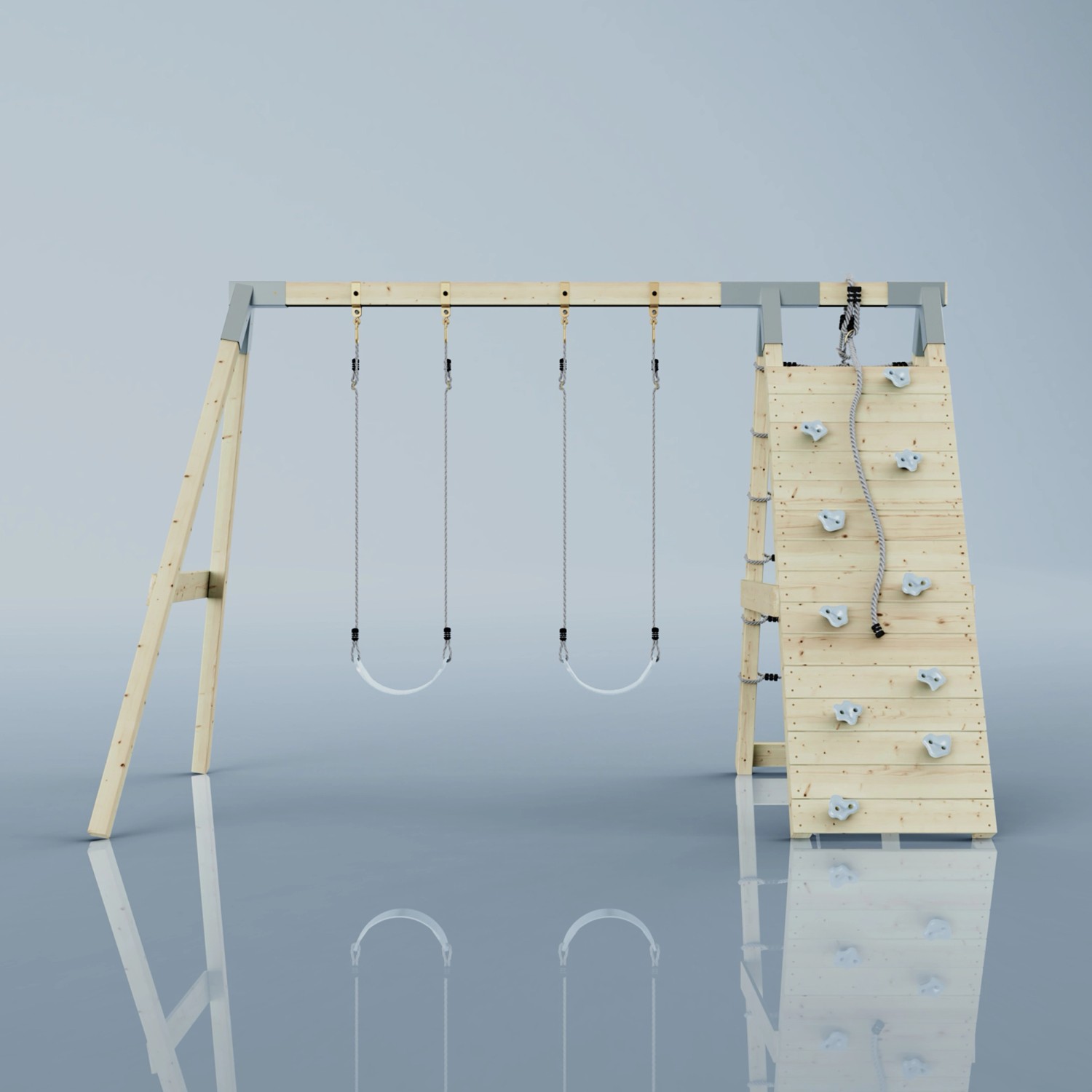 PolarPlay Klettergerüst Biene Eisblau mit Schaukel und Kletterwand aus Holz.