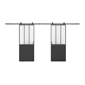 Zwei schwarze Artisto Schiebetüren im Industrial-Stil mit Glas- und Metallpaneelen auf Laufschiene.