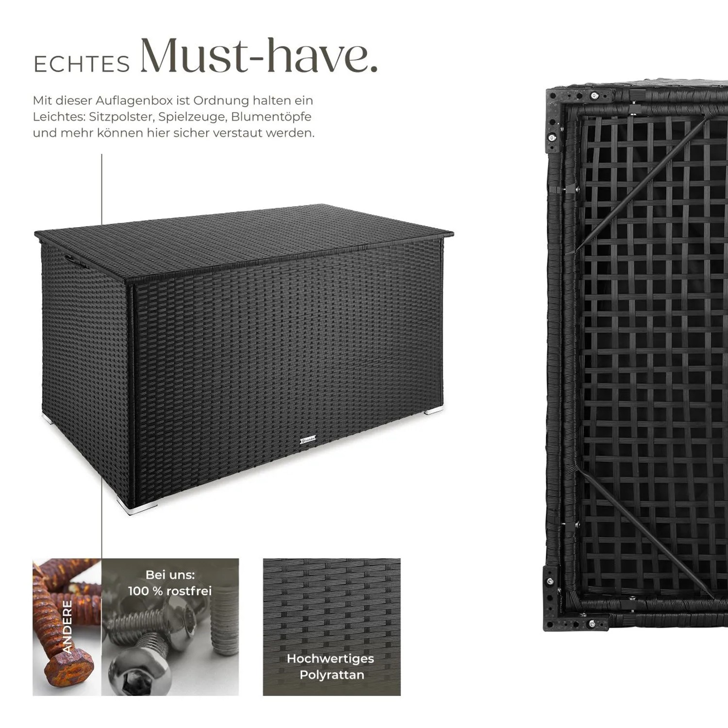 Schwarze Tectake Auflagenbox Oslo 750L aus Polyrattan mit Aluminiumrahmen für Garten-Zubehör.