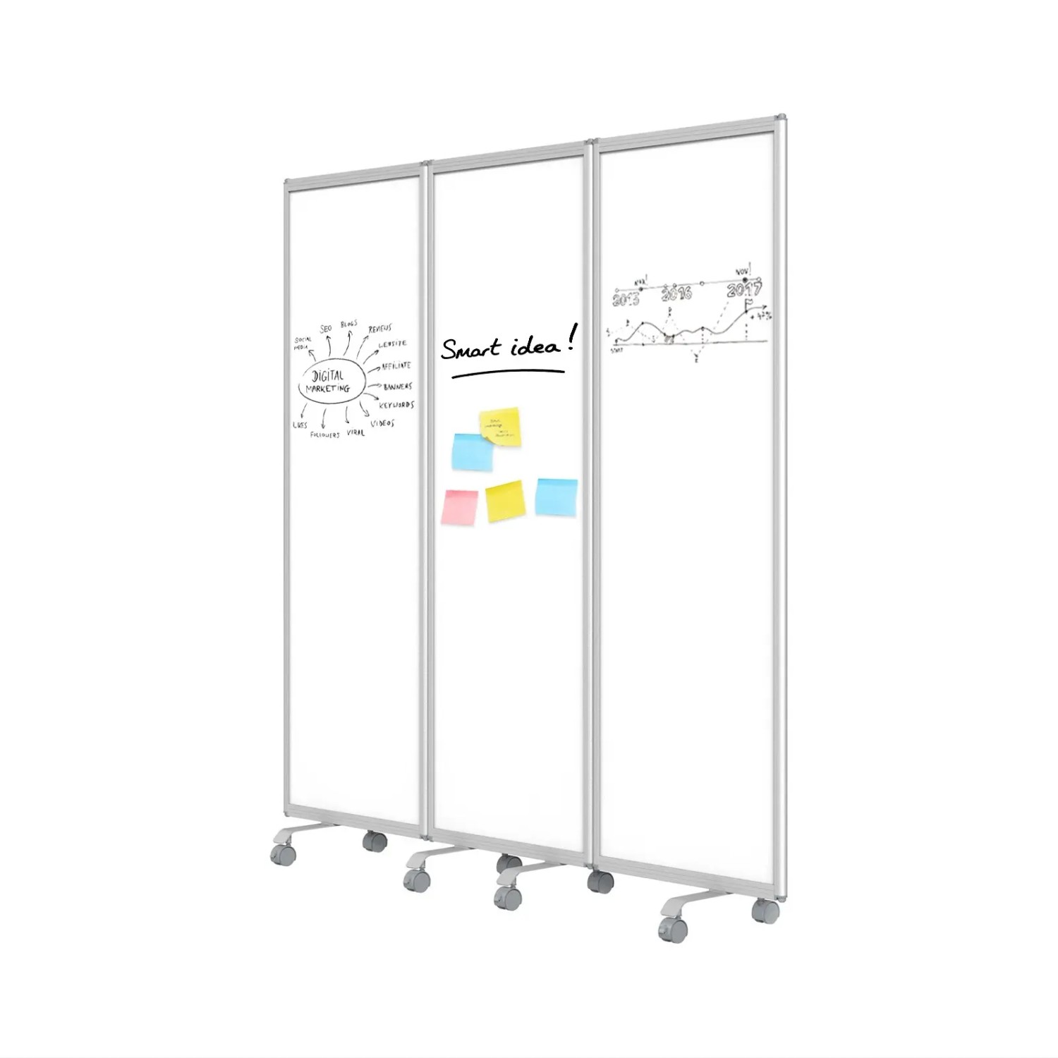 KARAT Mobile Trennwand mit beschreibbarer Oberfläche, 180x180 cm, mit Rollen und Notizen.