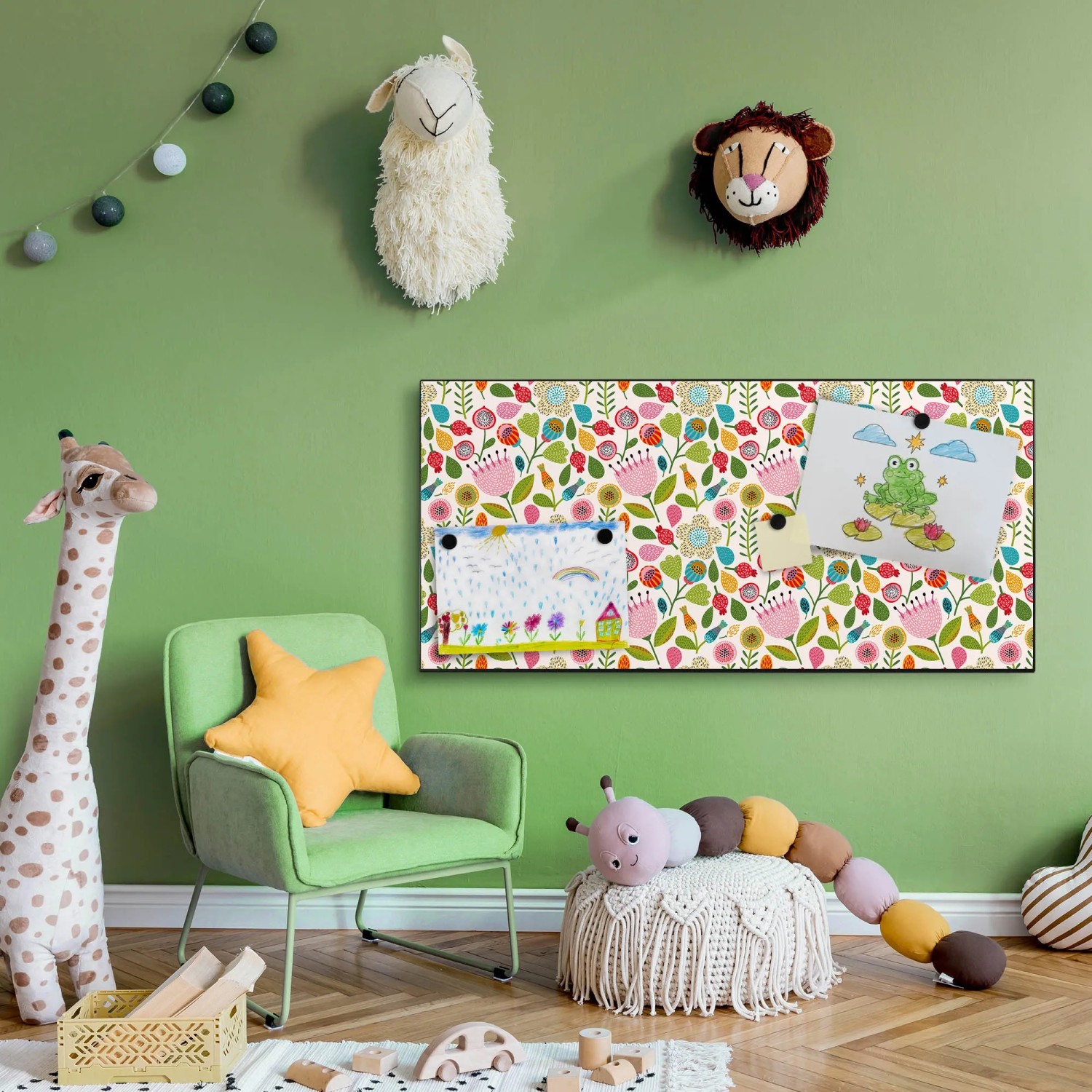 Banjado Magnettafel 78x37cm mit Blumenmotiv, Magnetwand für Notizen und Fotos im Kinderzimmer.