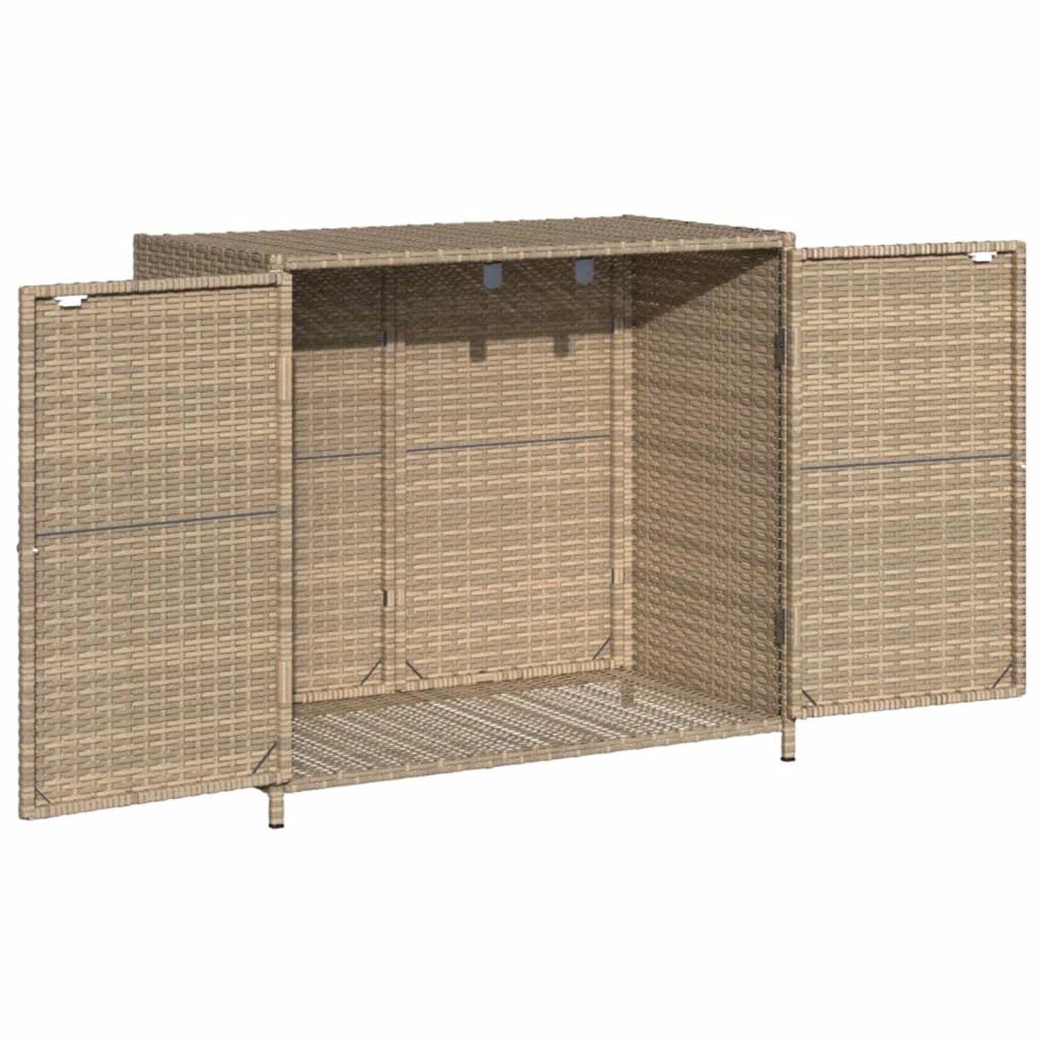 Beiger VidaXL Gartenschrank aus Poly Rattan, offene Türen zeigen Stauraum.