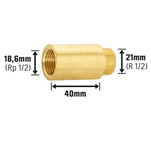 Hahnverlängerung aus Messing, 18,6 mm (Rp 1/2) x 21 mm (R 1/2), 40 mm lang, für Gewindefittings.