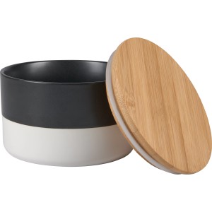 Schwarz-weiße Keramikdose mit Bambusdeckel, Minimalist Zen, Ø 12,2 cm. Dekorative Aufbewahrung.