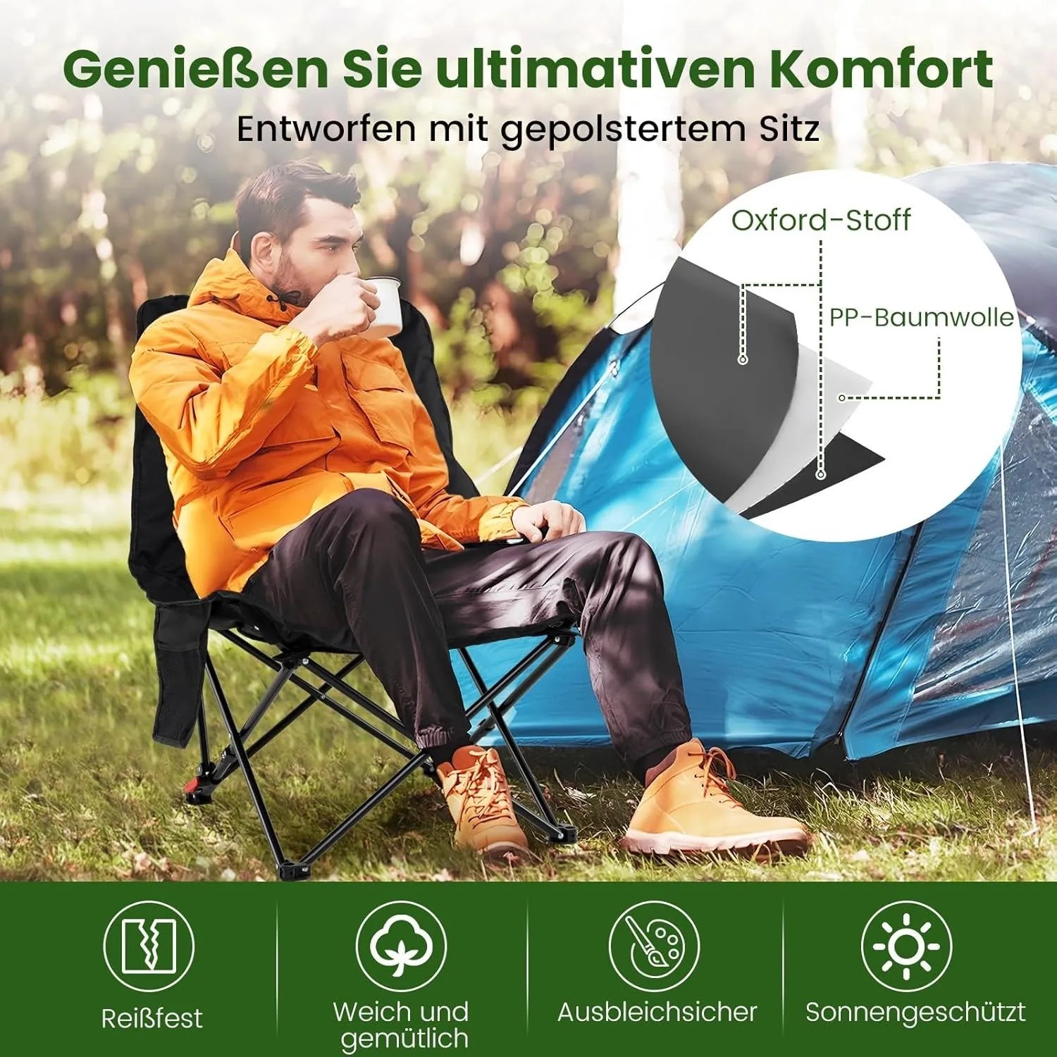 Costway Campingstuhl, faltbar und gepolstert, mit 2-stufiger Rückenlehne vor Zelt.