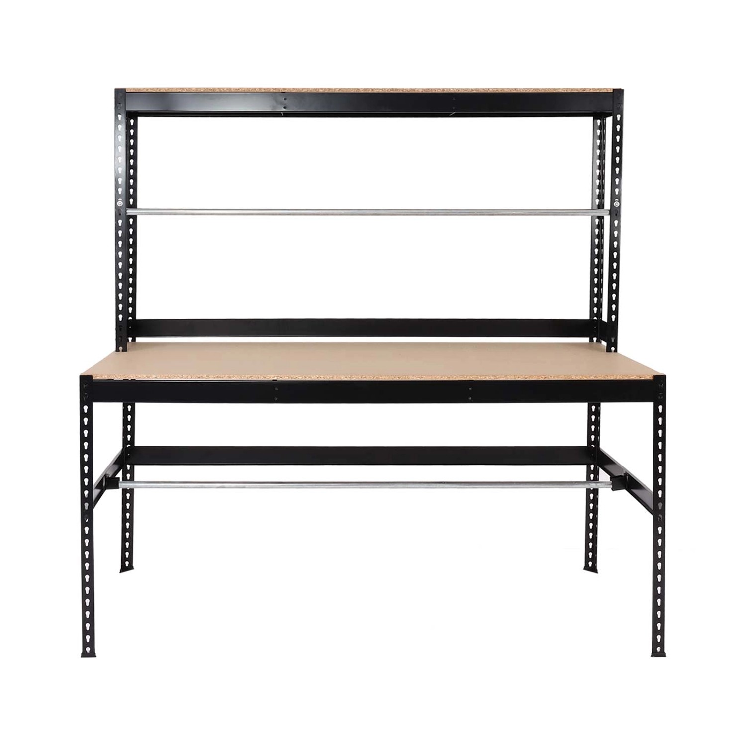 Schwarze MCW Packstation J84 aus Stahl, 183x183x90cm, mit Ablageflächen und Rollenhaltern.