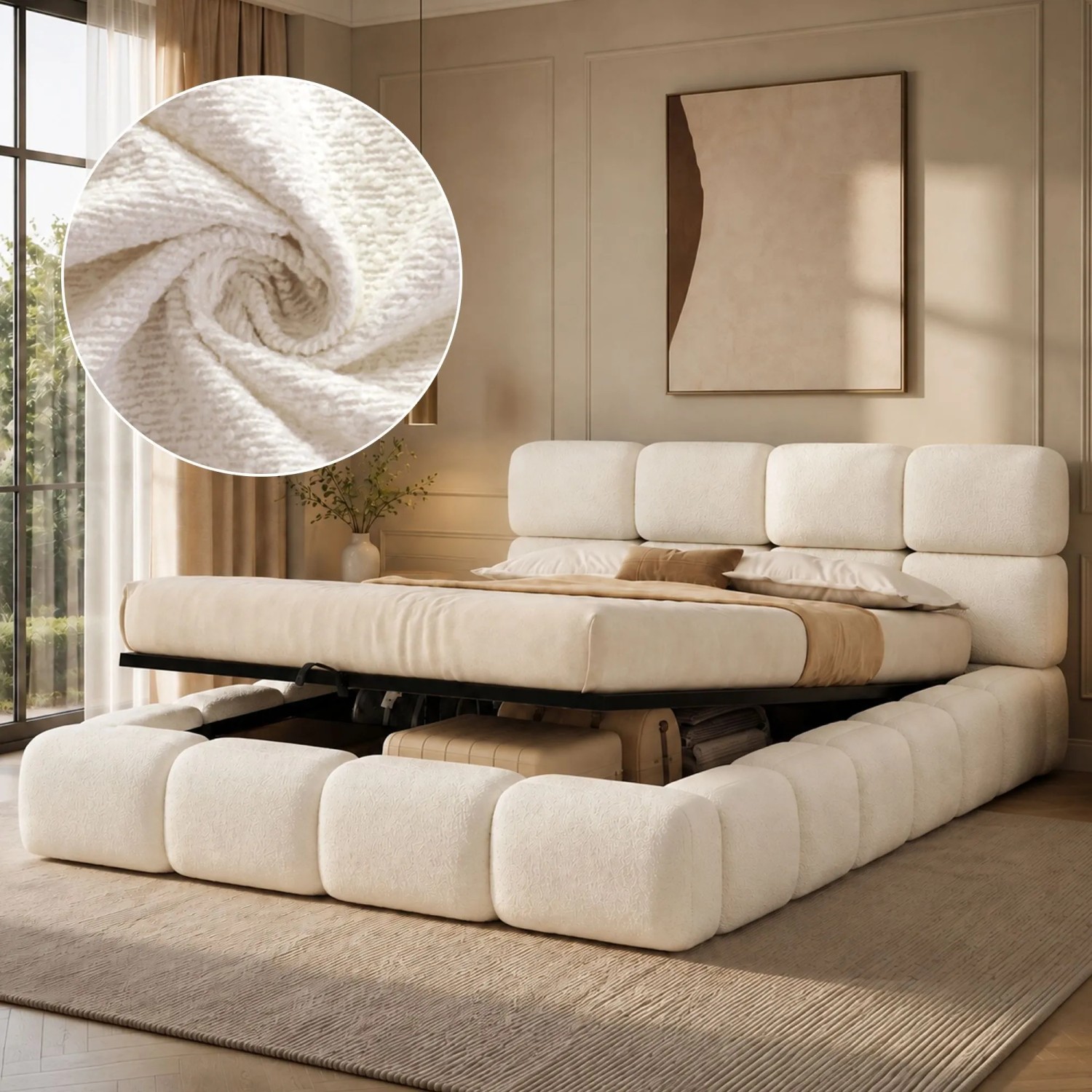 Merax Polsterbett 160 x 200 cm Wolkenbett mit Stauraum Lattenrost Bouclé Weiß