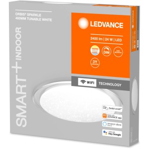 Verpackung der Ledvance Smart+ WiFi Deckenleuchte Orbis Sparkle 46cm Tunable White. Dimmbare LED Deckenlampe mit Glitzereffekt.