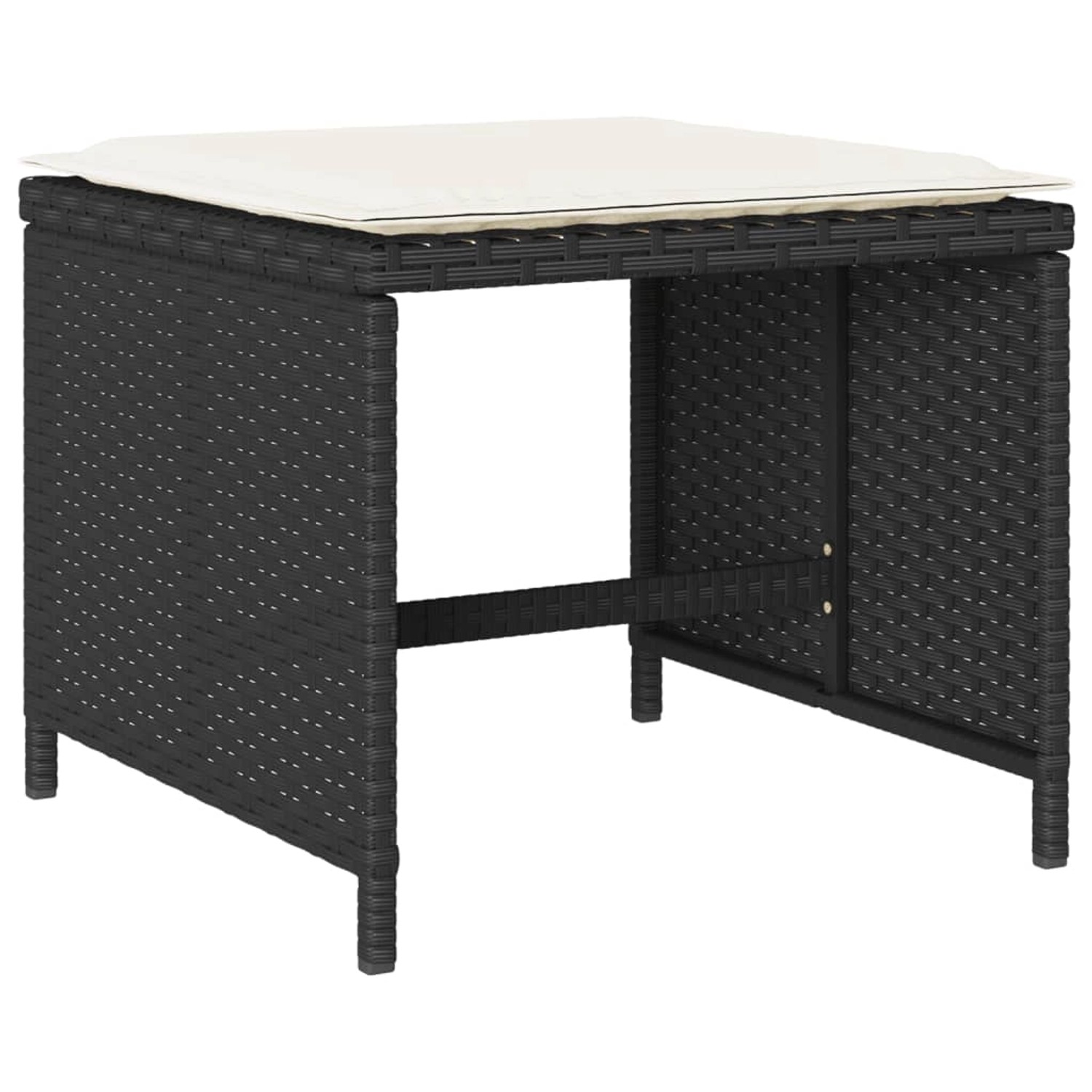 vidaXL Gartenmöbel: Schwarzer Hocker aus Polyrattan mit cremefarbenem Kissen.