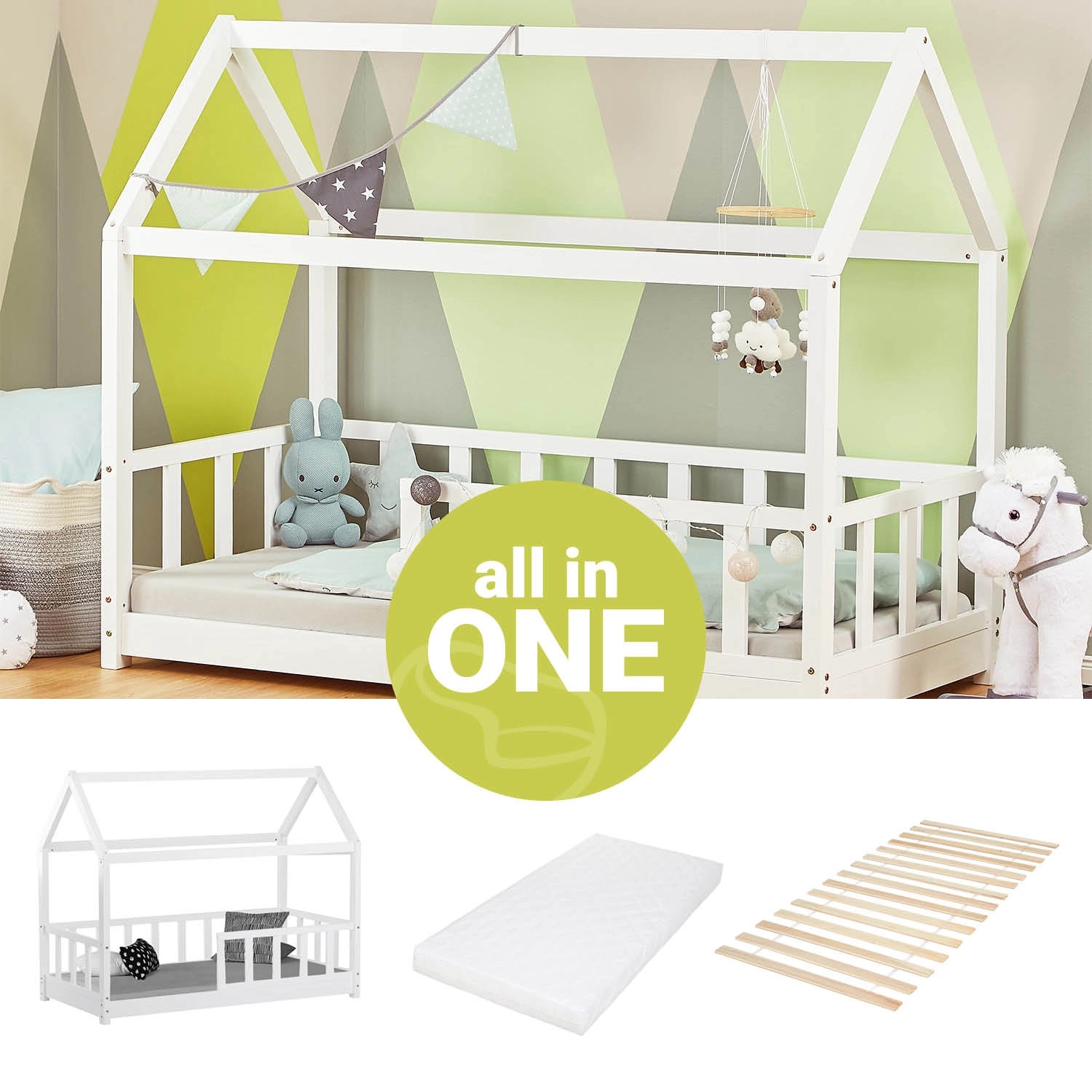 Homestyle4u Kinderbett 80x160 Weiß mit Lattenrost mit Matratze 2835