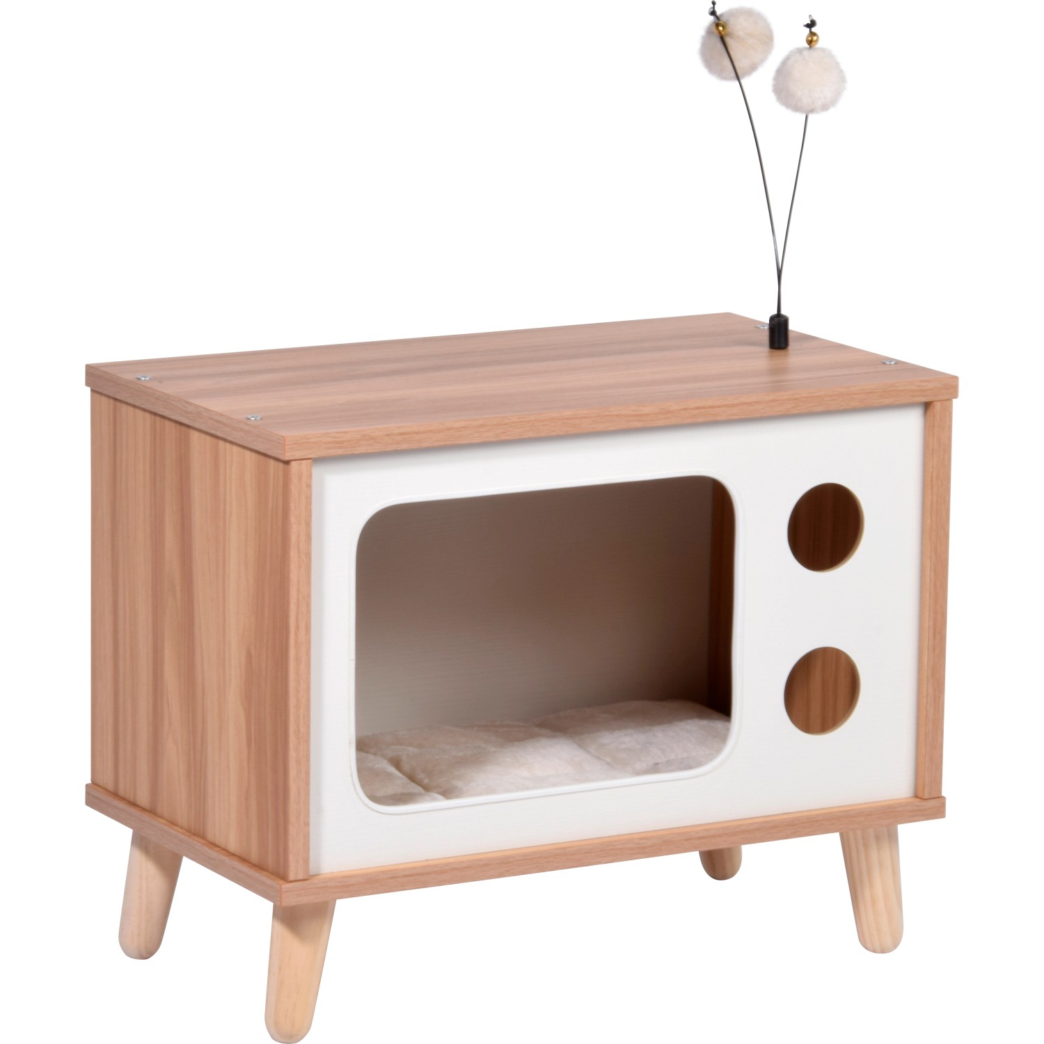 Dobar Katzenhöhle im TV-Design mit Spielbällen, Holz braun-weiß, mit Kratzfläche und Kissen.