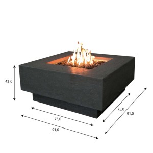 Elementi Gasfeuerstelle Manhattan, Beton-Optik dunkelgrau, mit Maßen. Feuerstelle für Garten und Terrasse.