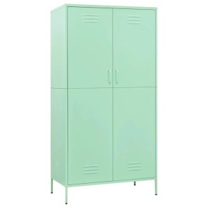 Minzgrüner Kleiderschrank aus Stahl, 90x50x180 cm, mit vier Türen und Lüftungsschlitzen.