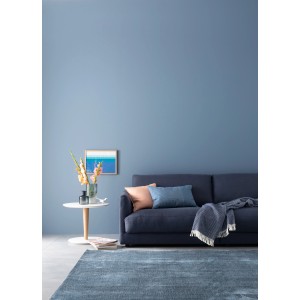 Wohnraum in Horizontblau: Wandgestaltung mit Schöner Wohnen Designfarbe, kombiniert mit Sofa und Teppich.