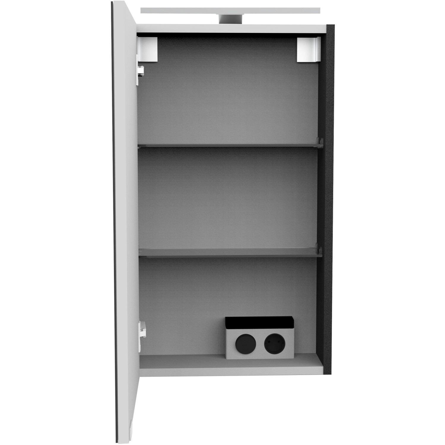 Offener Fackelmann Spiegelschrank SBC Anthrazit, 40 cm breit, mit zwei Einlegeböden.