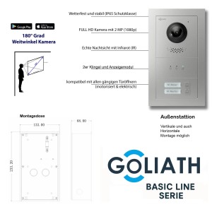 Goliath Basic Line 2-Familienhaus Video Türsprechanlage Monitor Schwarz - Silber Ausenstation Aufputz Dose