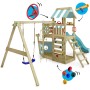 Wickey Spielturm SeaFlyer mit Rutsche in Pastellblau, Klettergerüst und Schaukel.
