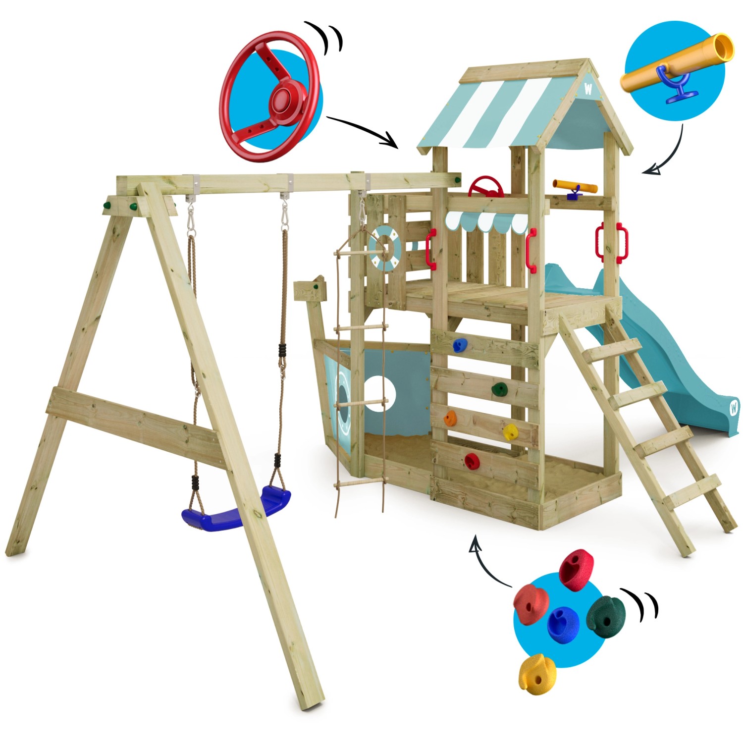 Wickey Spielturm SeaFlyer mit Rutsche in Pastellblau, Klettergerüst und Schaukel.