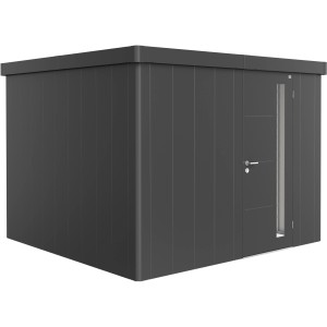 Biohort Gerätehaus Neo 3C in Dunkelgrau-Metallic mit Standardtür. Modernes Design für Ihren Garten.