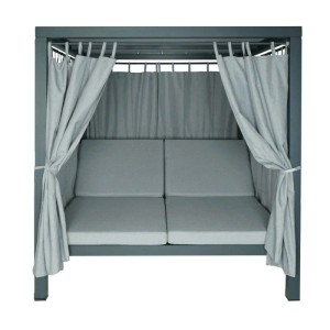 Graue MCW Lounge-Gartenliege J66 mit verstellbarer Rückenlehne, dicken Polstern und seitlichen Vorhängen. Komfortable Sonnenliege.