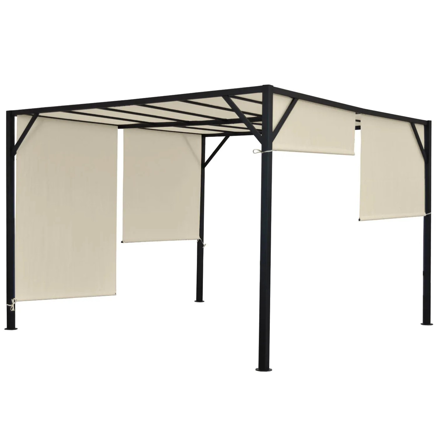 MCW Pergola Beja 4x4m mit beigen Schiebegardinen und schwarzem Stahlgestell.