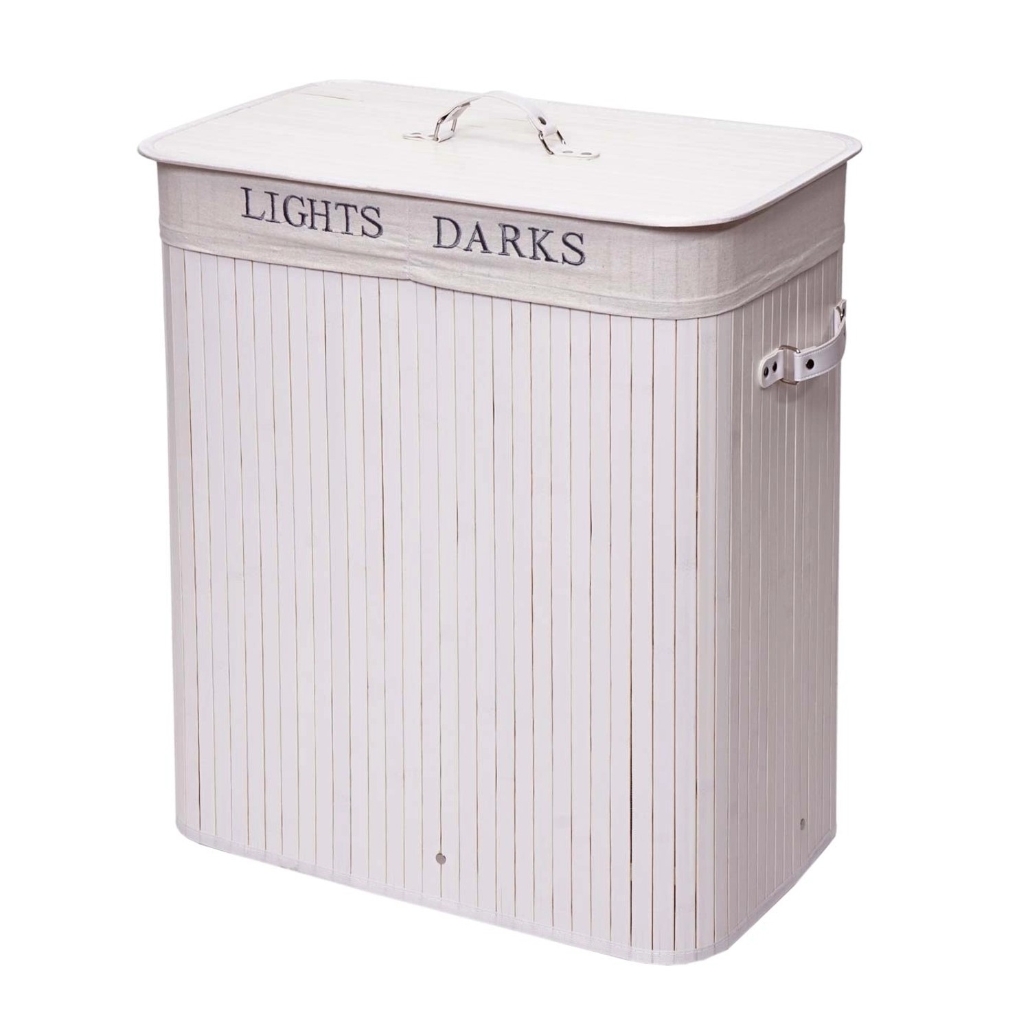 Weißer MCW Wäschekorb aus Bambus mit Deckel, 100l Fassungsvermögen und Fächern für helle/dunkle Wäsche.