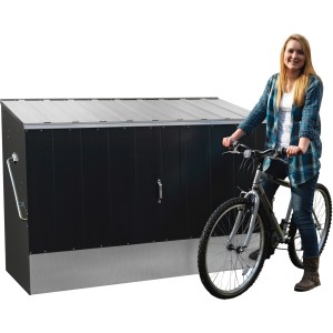 Anthrazitfarbene Trimetals Fahrradbox (196x133x89cm) mit Frau und Fahrrad. Abschließbare Fahrradaufbewahrung.