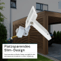 Weißer LUXULA LED Außenstrahler mit Bewegungsmelder, Slim Design, an Hauswand montiert. Wetterfester Fluter IP65.