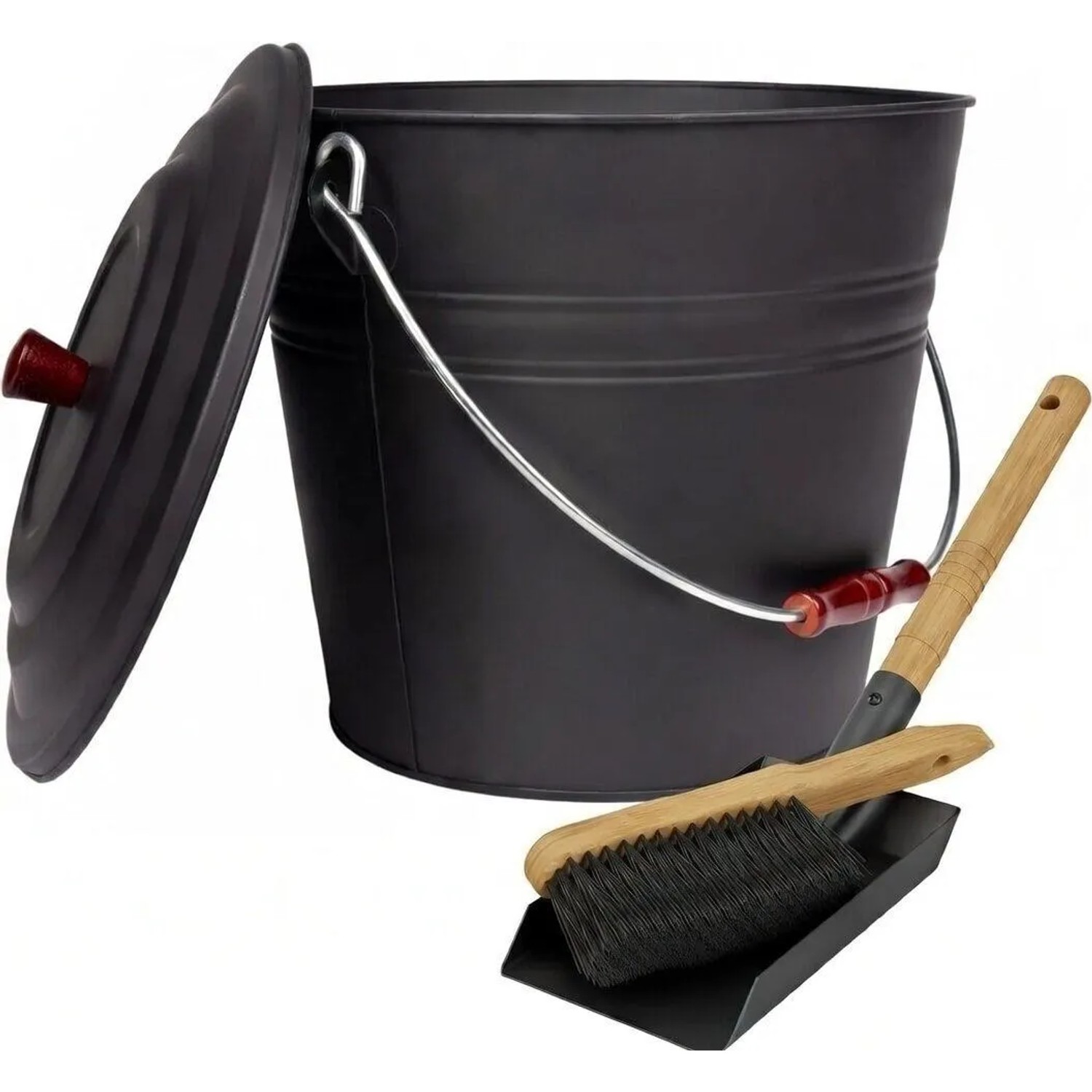 BLACK OAK Ascheeimer KATLA 15L mit Deckel, Schaufel und Handfeger – Aschebehälter aus Metall für Kaminofen & Grill, Pulv...