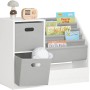 Weißes SoBuy Bücherregal mit Stoffboxen und Ablagen für Kinderbücher und Spielzeug.