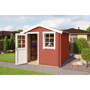 Lasita Holz-Gartenhaus Wels 2 in Schwedenrot mit geöffneter Tür und Fenster.