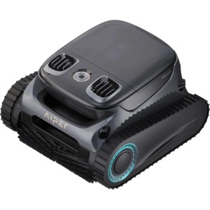 Dunkelgrauer Aiper Scuba S1 Pro Pool-Reinigungsroboter mit Raupenketten und blauen Akzenten. Kabelloser Poolreiniger.