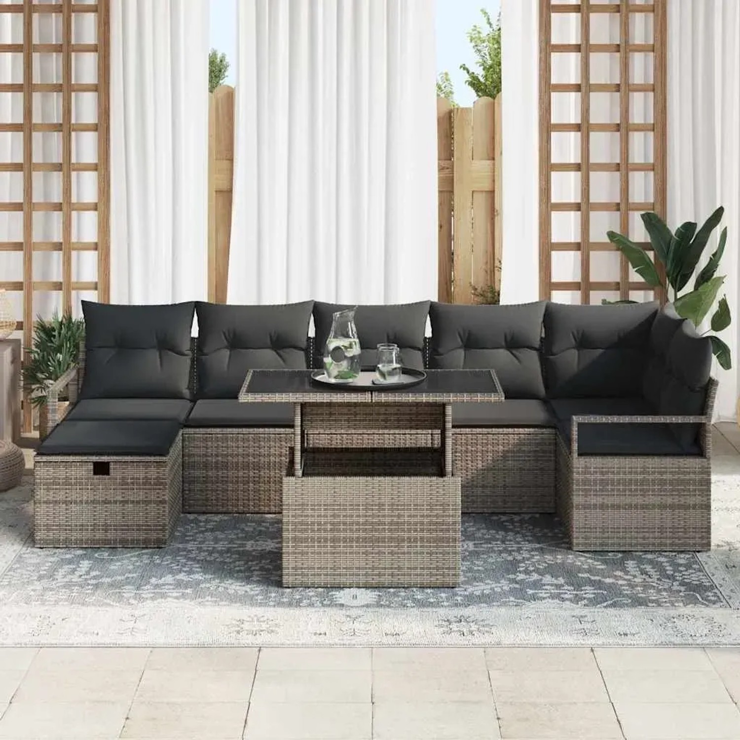 Graues 8-teiliges vidaXL Gartenmöbel Set aus Polyrattan mit Kissen.