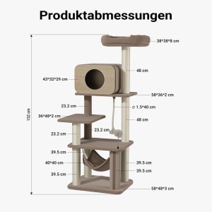Wiltec Fudajo Forest Oak Kratzbaum, beige, 152 cm hoch. Diagramm mit Abmessungen für Katzenhaus, Hängematte, Plattformen.