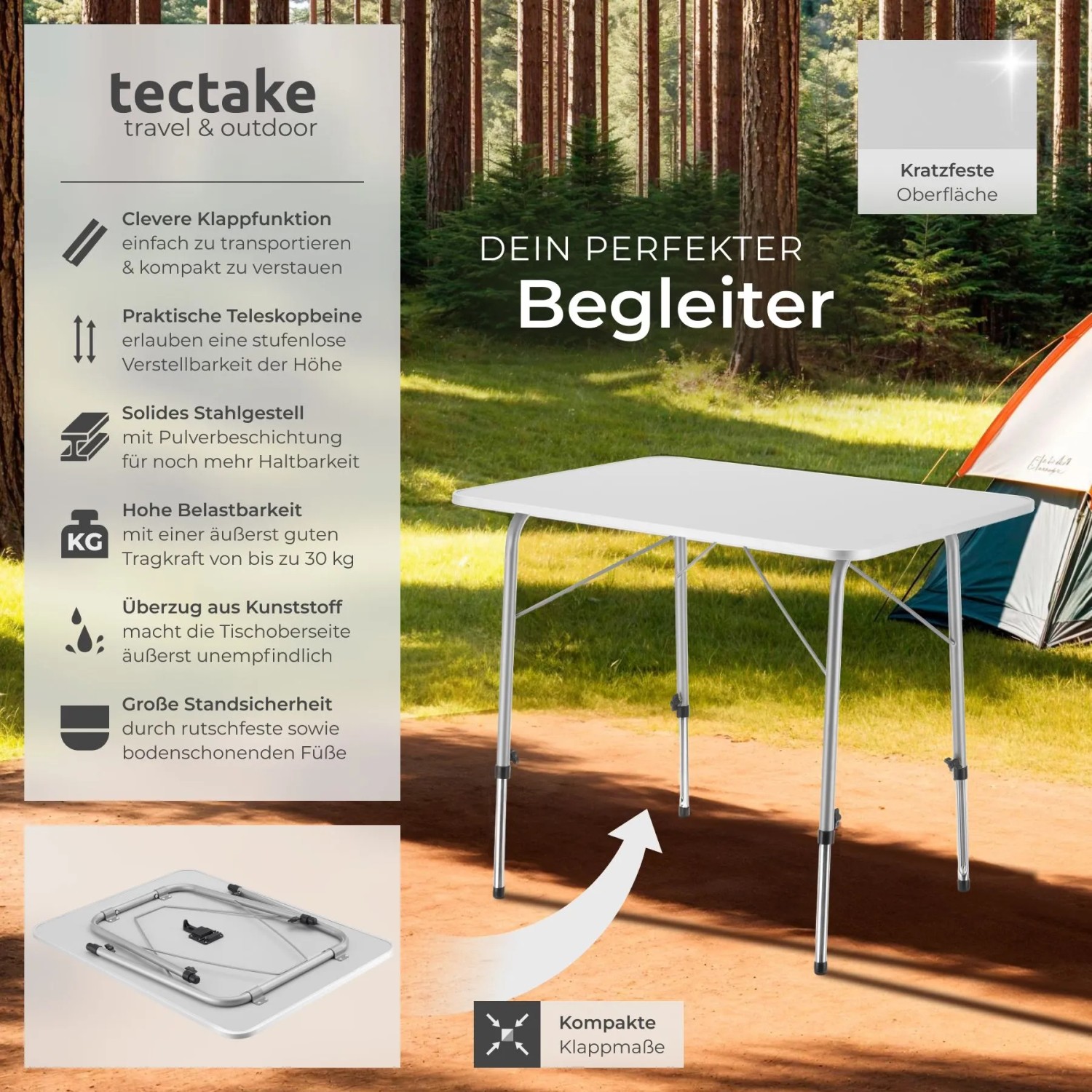 Tectake Campingtisch Julian, klappbar, grau, mit MDF-Platte, ideal für Camping & Outdoor.