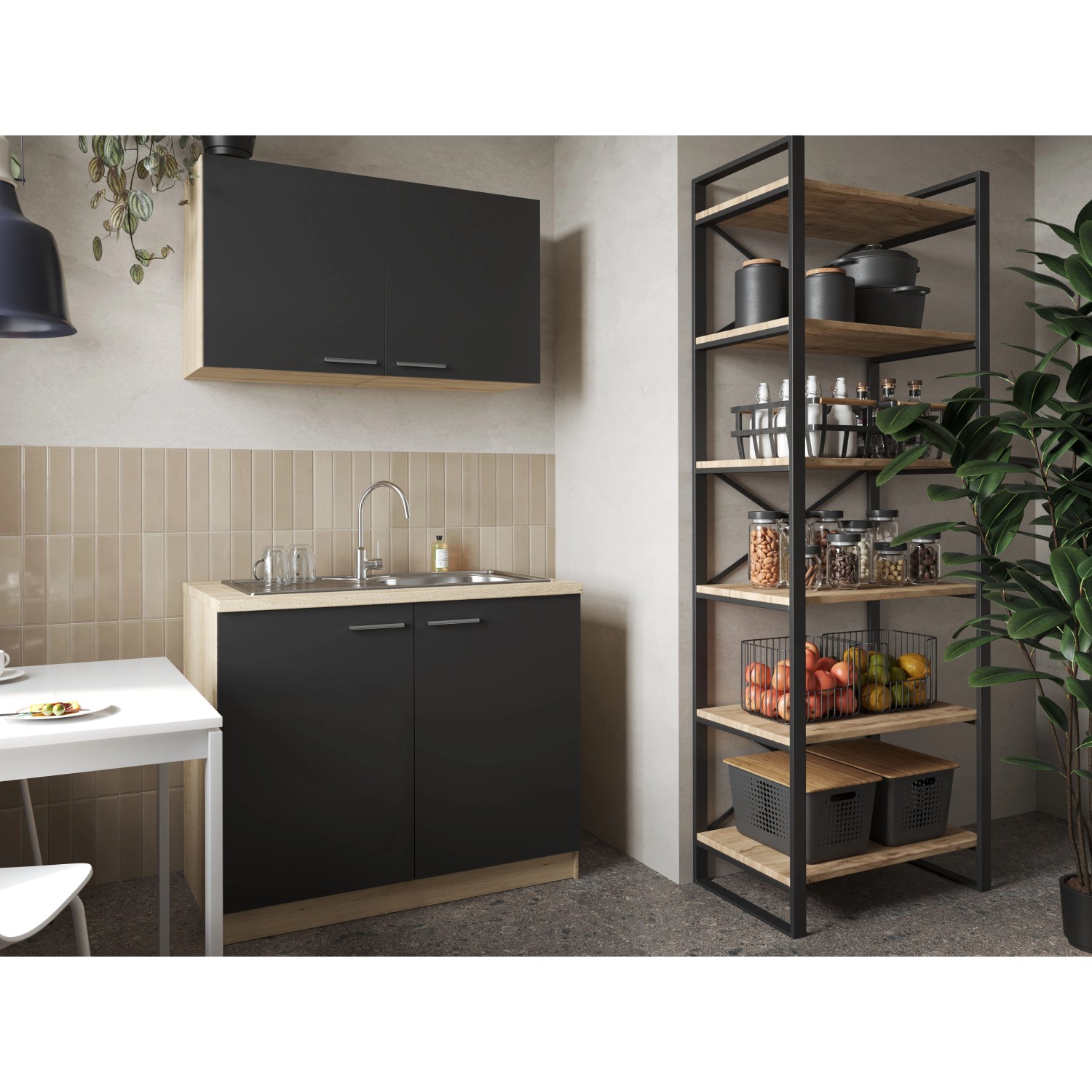 Respekta Küchenmöbel-Set Merle, 100 cm, Schwarz, mit Spüle und Oberschränken.