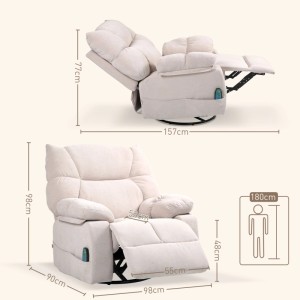 Beiger HOMCOM Relaxsessel mit Massagefunktion, elektrisch verstellbar und drehbar. Zeigt Maße in aufrechter und liegender Position.