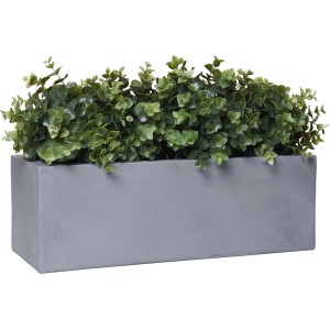 Grauer Vivanno Pflanzkasten Flobo in Betonoptik, 45x17x15 cm, bepflanzt mit grünen Pflanzen.