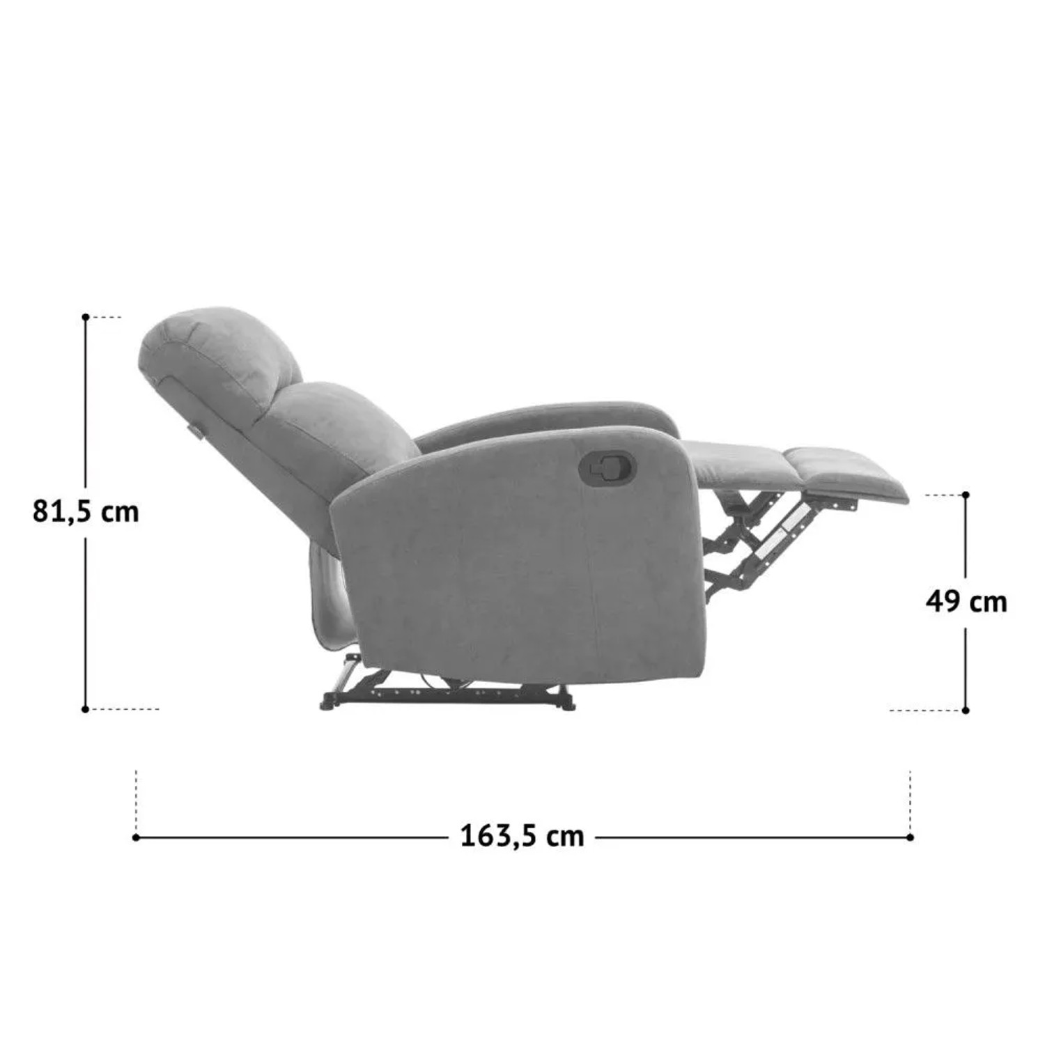 Relaxsessel in Liegeposition mit Maßen: 163,5 cm Länge, 81,5 cm Höhe, 49 cm Fußteilhöhe.