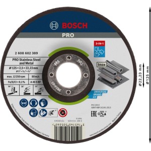 Bosch 3-in-1 Trennscheibe 125mm für Winkelschleifer. Schneidet, schleift, bearbeitet Metall/Inox. 2,5mm dick, 22,23mm Bohrung.