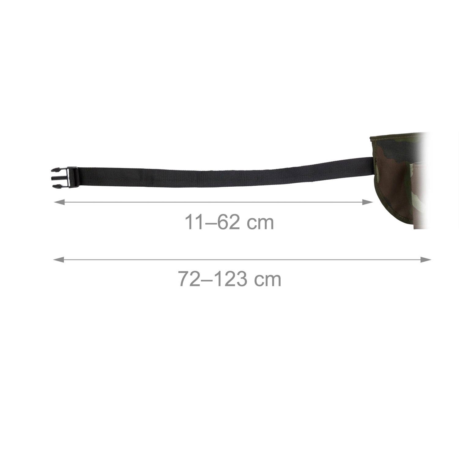 Verstellbarer Biergürtel in Tarnfarben mit schwarzer Schnalle und Gurt, Maße 72-123 cm. Ideal für Camping & Zubehör.