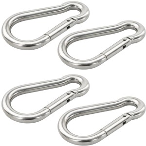Vier silberne Edelstahl Karabiner 6x60 mm mit Schnappverschluss. Belastbar bis 99 kg. Ideal für Outdoor-Befestigungen.